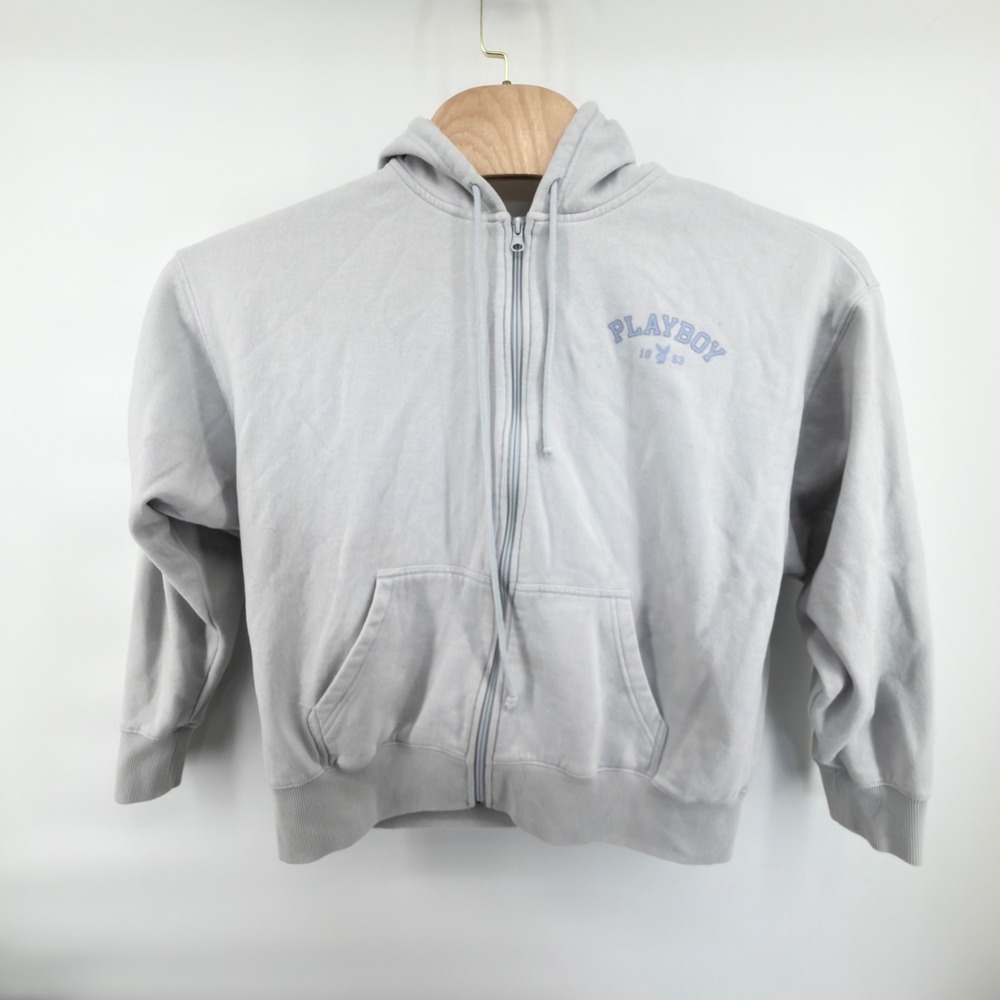 Playboy PacSun Zip Up Hoodie Women Small Grey Embroidered Logo Fleece Streetwear